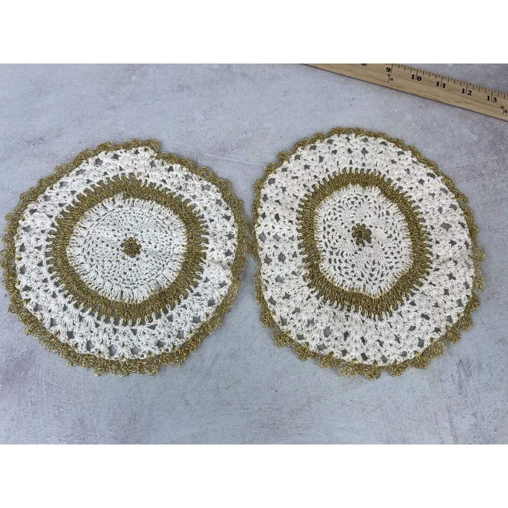 Vintage‎ White & Gold Wire Handmade Round Crochet Dining Table Doily - Lot of 2