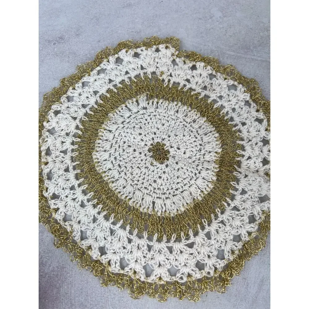 Vintage‎ White & Gold Wire Handmade Round Crochet Dining Table Doily - Lot of 2