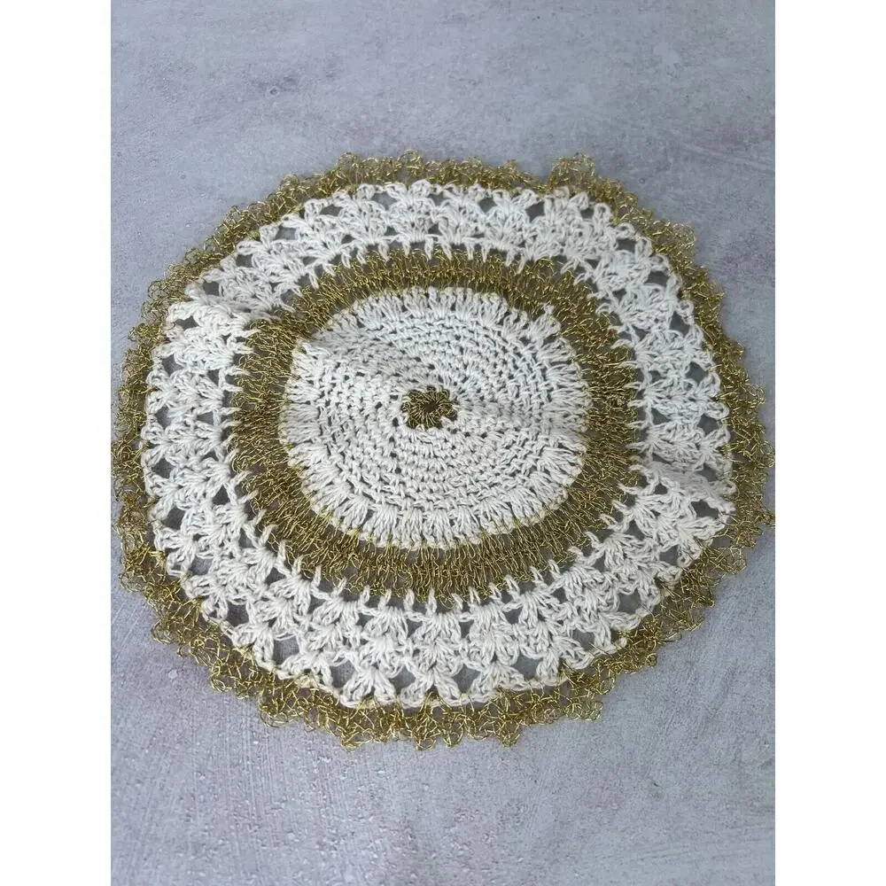 Vintage‎ White & Gold Wire Handmade Round Crochet Dining Table Doily - Lot of 2