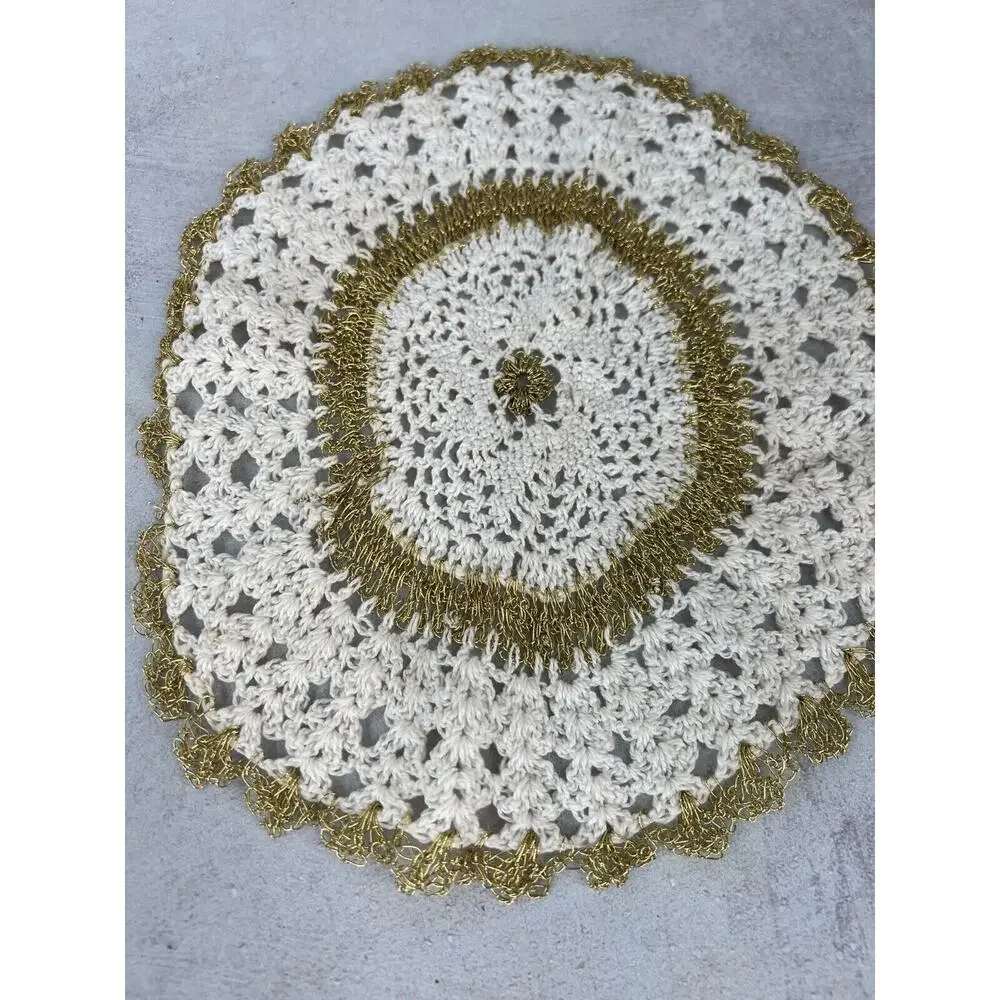 Vintage‎ White & Gold Wire Handmade Round Crochet Dining Table Doily - Lot of 2