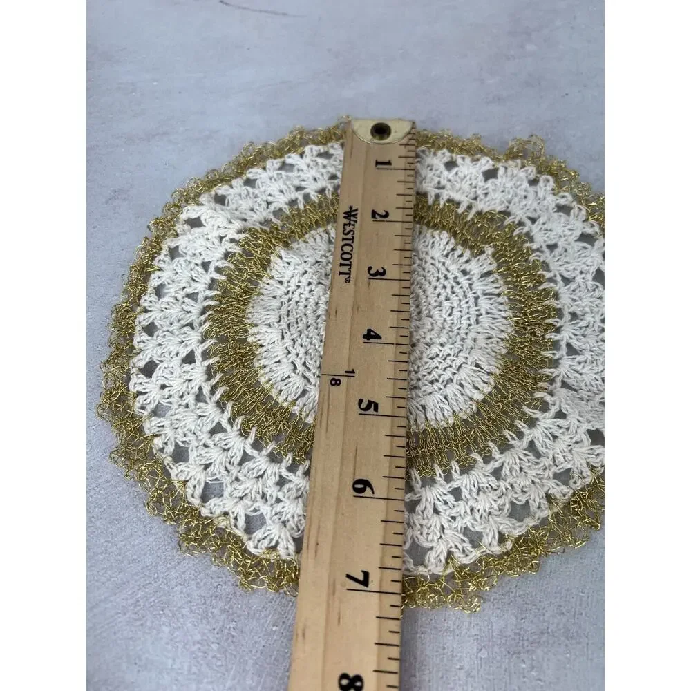Vintage‎ White & Gold Wire Handmade Round Crochet Dining Table Doily - Lot of 2