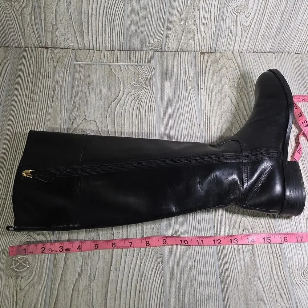 Tory Burch Kiernan Black Leather Riding Boots With Gold  Tone Logo Womens Size 8