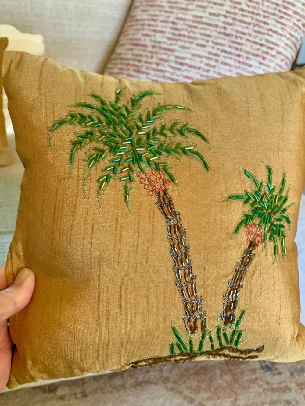Beaded Palm Tree Satin Like Decorative Pillow Beach Decor Tropical