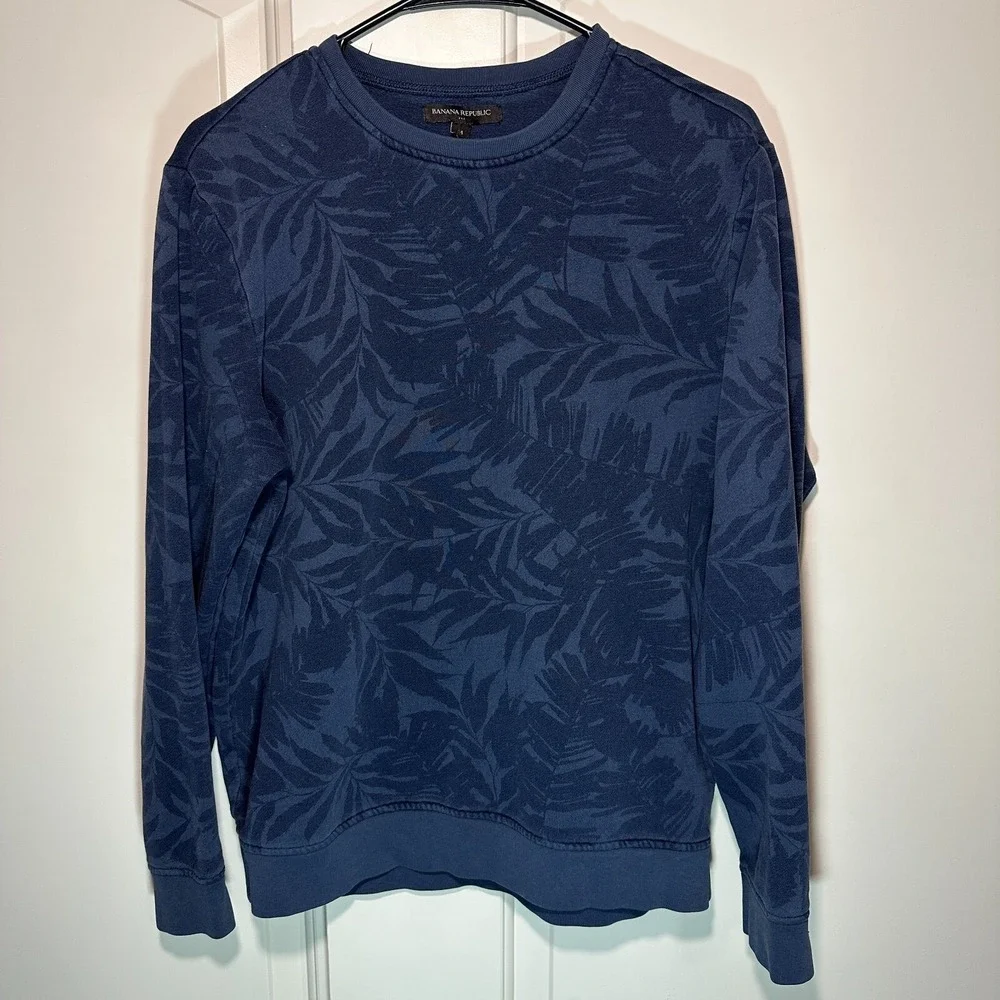 Banana Republic Palm Leaf All Over Print Sweater Crew‎ Neck Cotton Blend Blue M