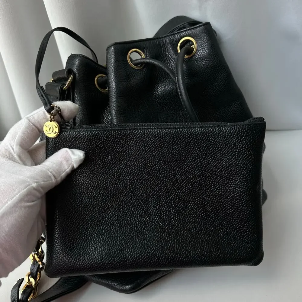 Chanel Vintage Caviar Drawstring Bucket Bag Black Leather Gold Hardware