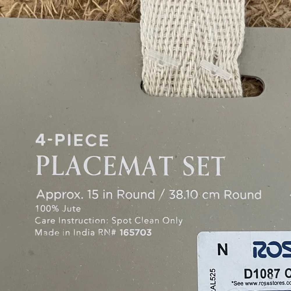 Soho Loft Jute 15” round placemats set of four NWT Boho Farmhouse