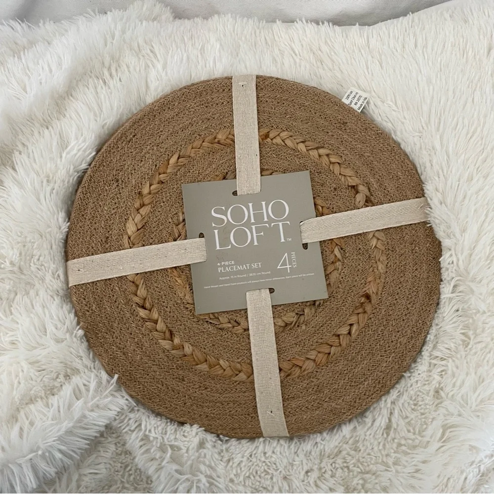 Soho Loft Jute 15” round placemats set of four NWT Boho Farmhouse