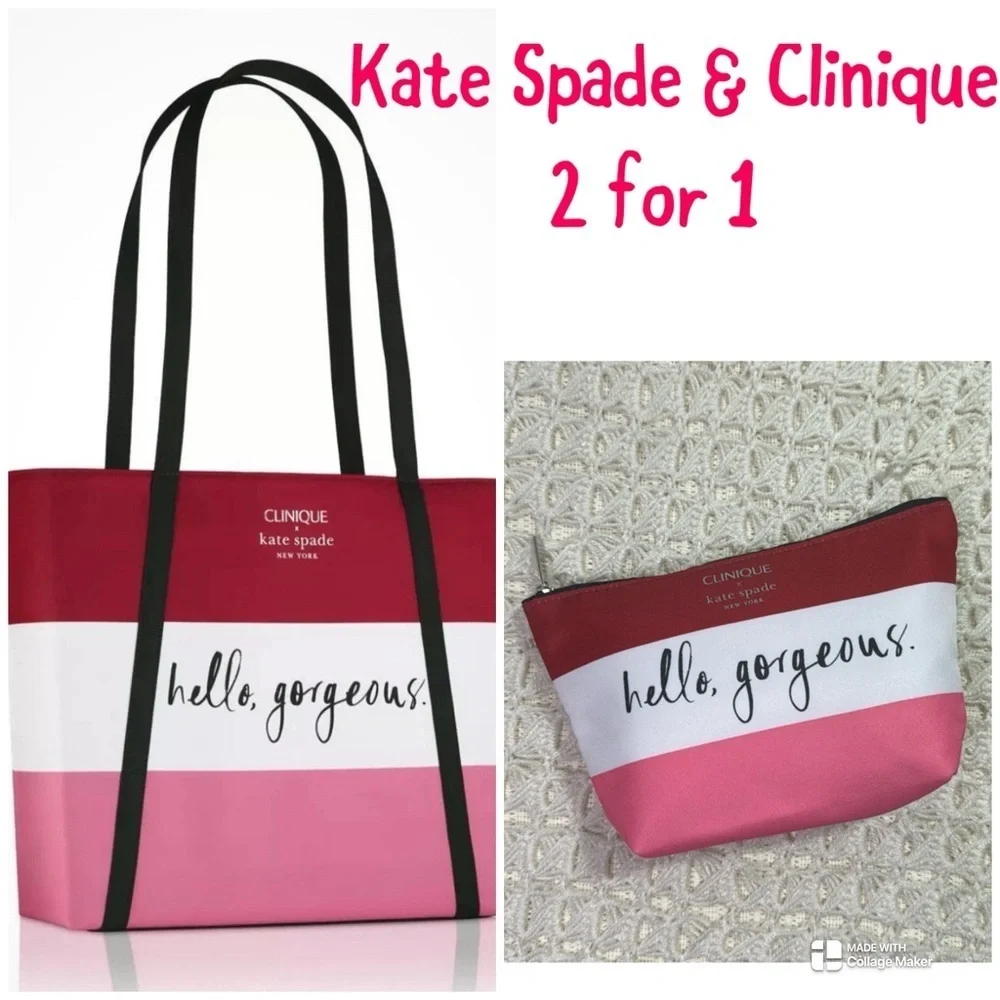 Kate Spade & Clinique “limited edition” Red&Pink Stripe Tote w/ match pouch NWOT