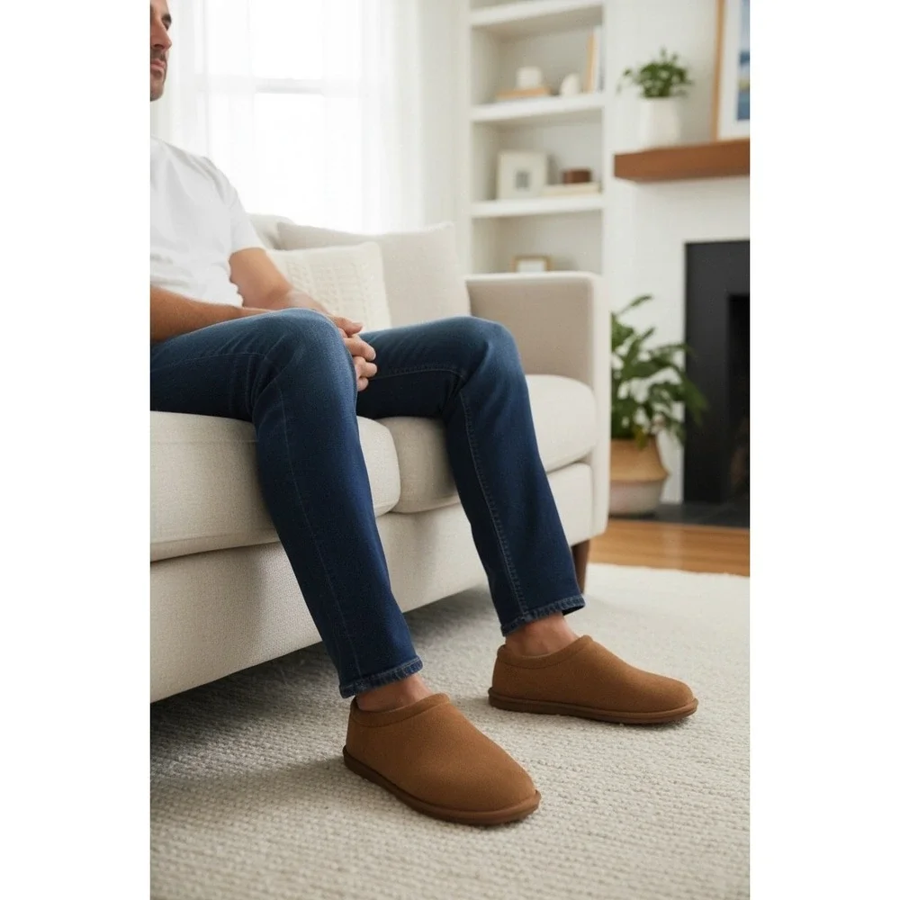 John Ashford Men's Tan Suede Moccasin Slippers XL 11-12‎ Plush Comfort