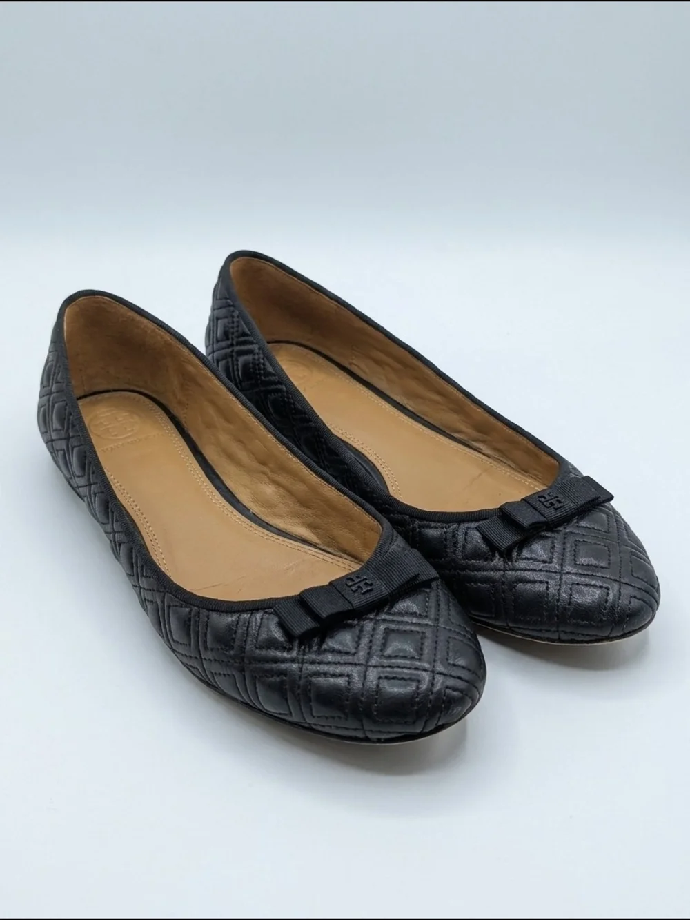 Tory Burch Reva Ballet Flats Black Quilted Leather Bow Shoes Women's Size 9