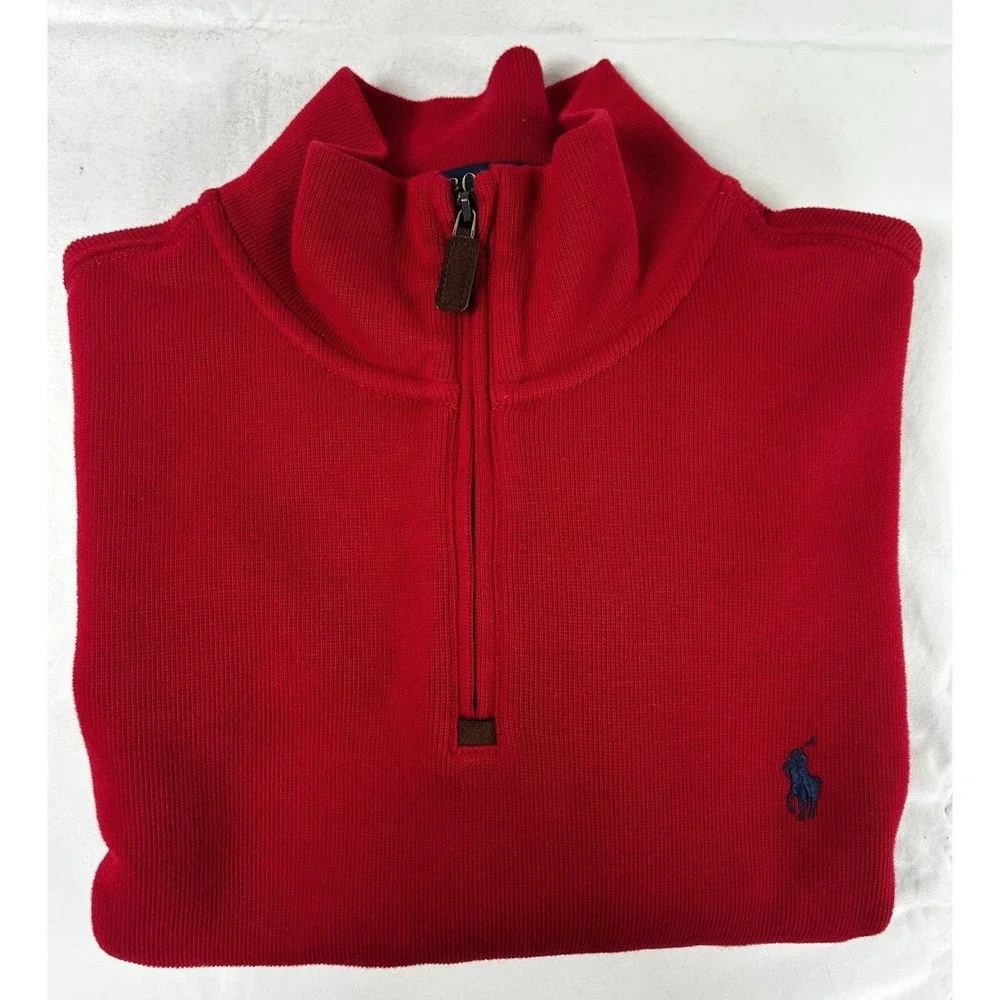 Polo Ralph Lauren Men's XL Red Cotton Tight Knit Mock‎ Neck Quarter Zip Pullover