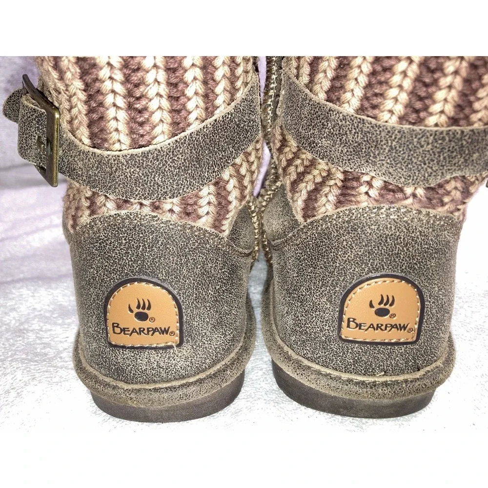 Bearpaw Womens Boots‎ Size 7 Brown Knit Mid Calf Sheepskin Lined Winter Cozy