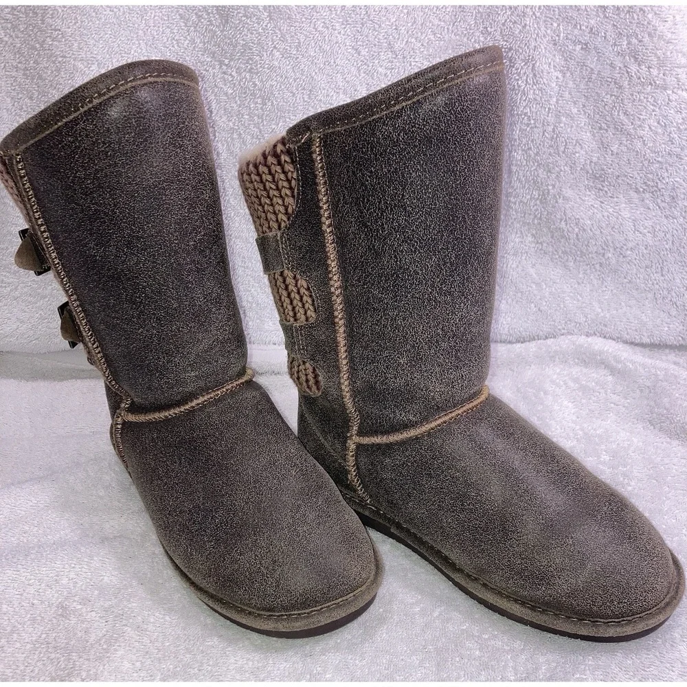 Bearpaw Womens Boots‎ Size 7 Brown Knit Mid Calf Sheepskin Lined Winter Cozy