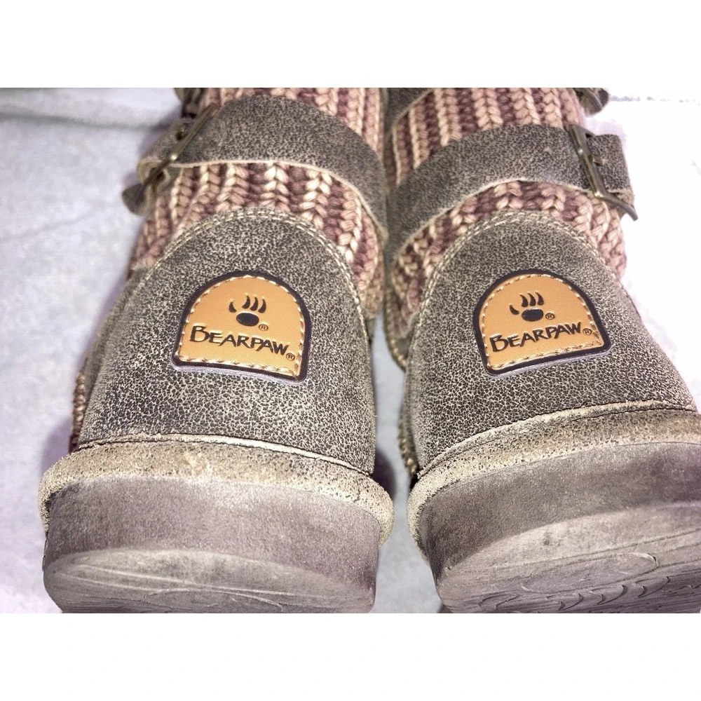 Bearpaw Womens Boots‎ Size 7 Brown Knit Mid Calf Sheepskin Lined Winter Cozy