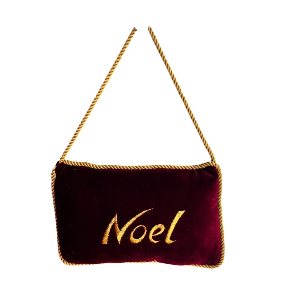 Mini Pillow Christmas‎ Holiday Noel Door Hanger Burgundy Velvet Gold Corded Trim