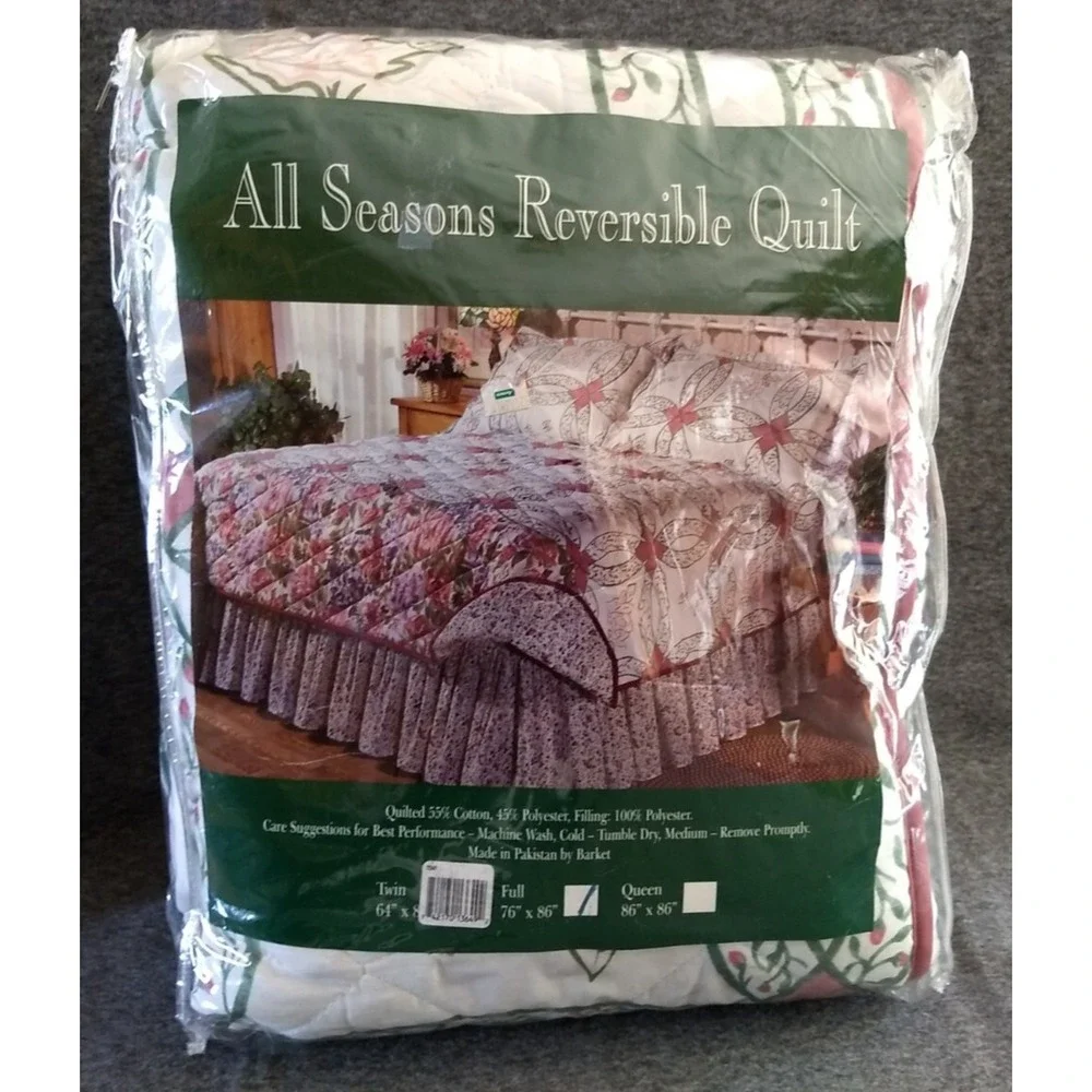 All Seasons Full Size Reversible Quilt Cotton Blend Floral‎ Bedspread Vtg NOS