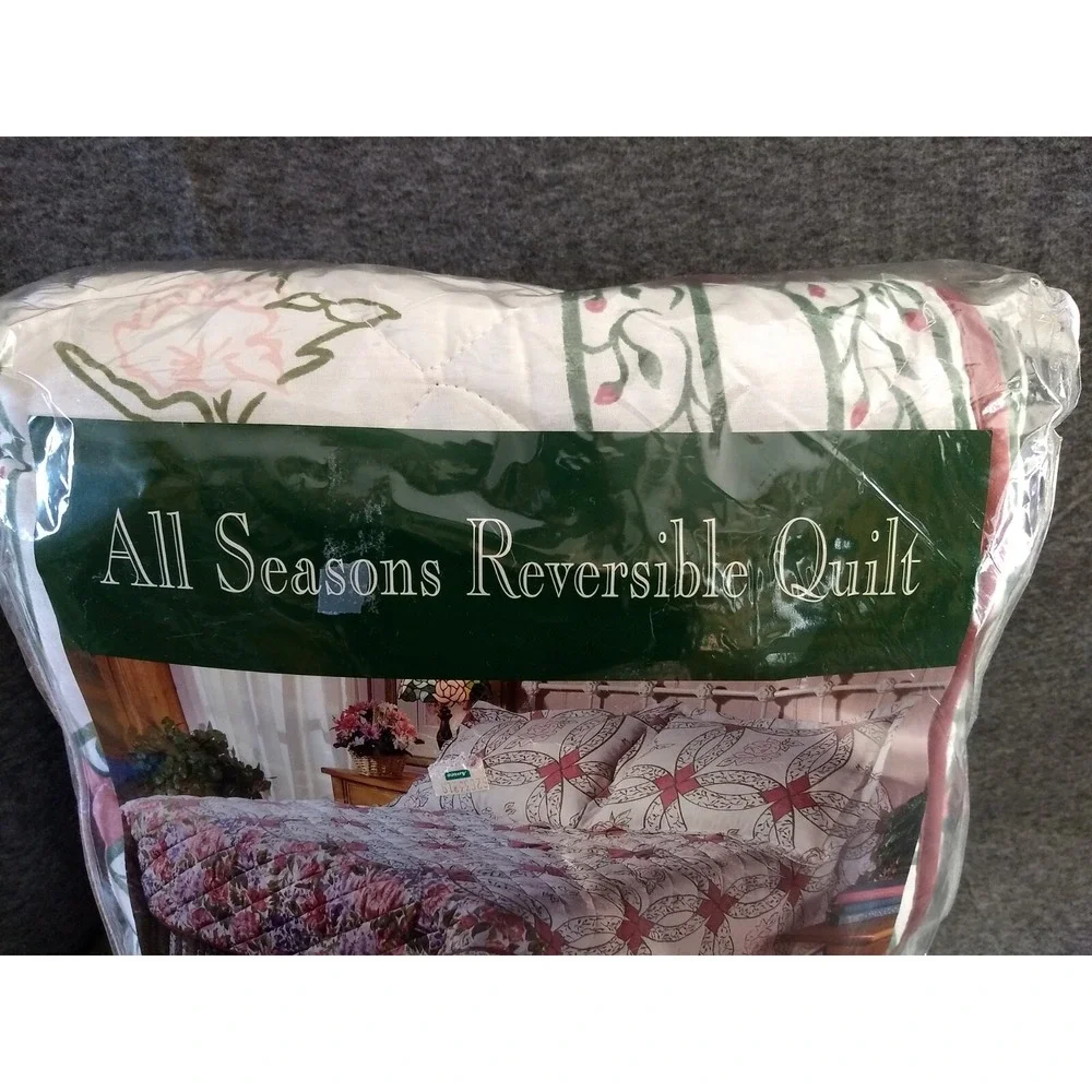 All Seasons Full Size Reversible Quilt Cotton Blend Floral‎ Bedspread Vtg NOS
