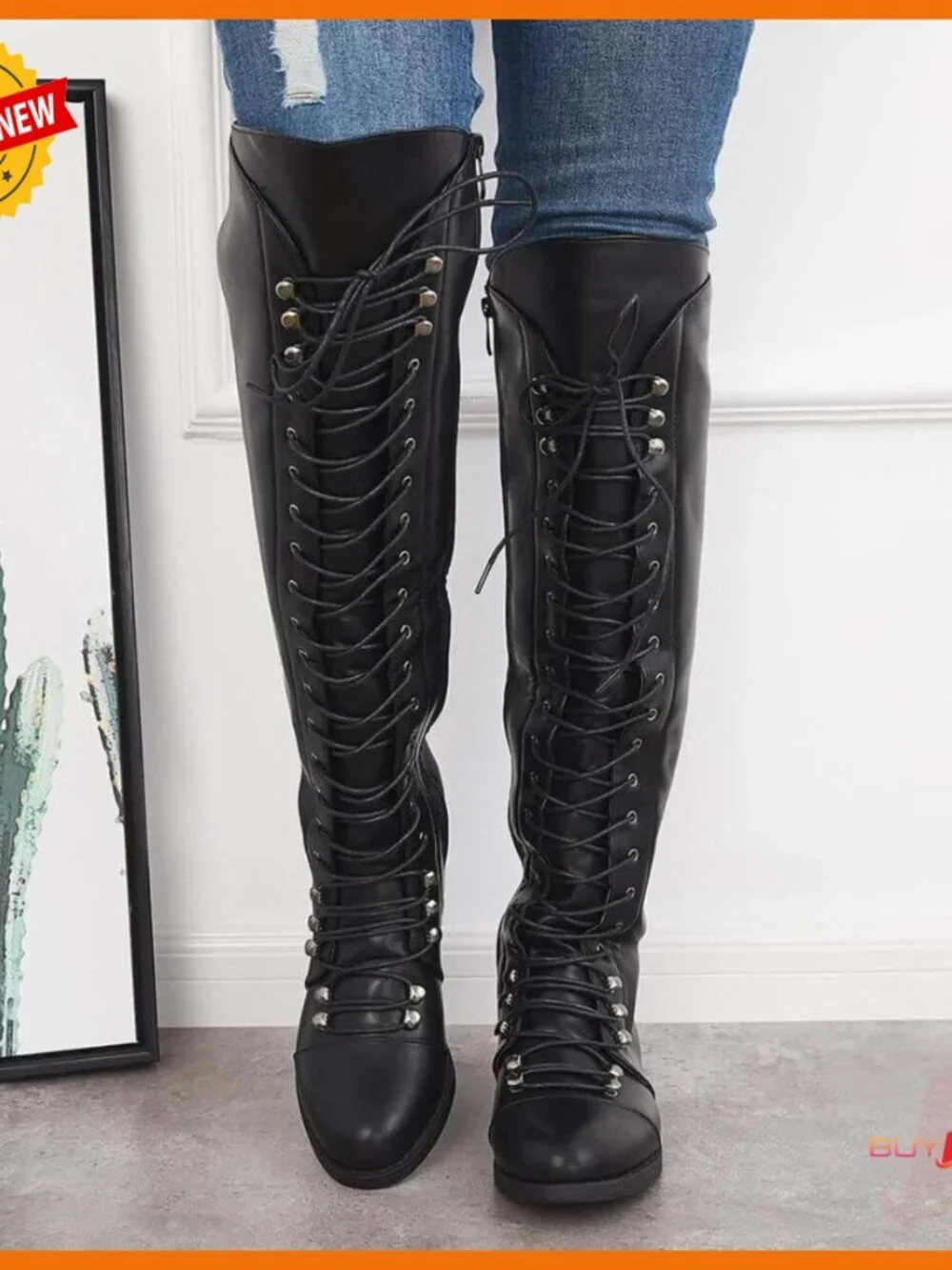 Over The Knee Flat Boots Lace-Up Riding Boots Synthetic Leather