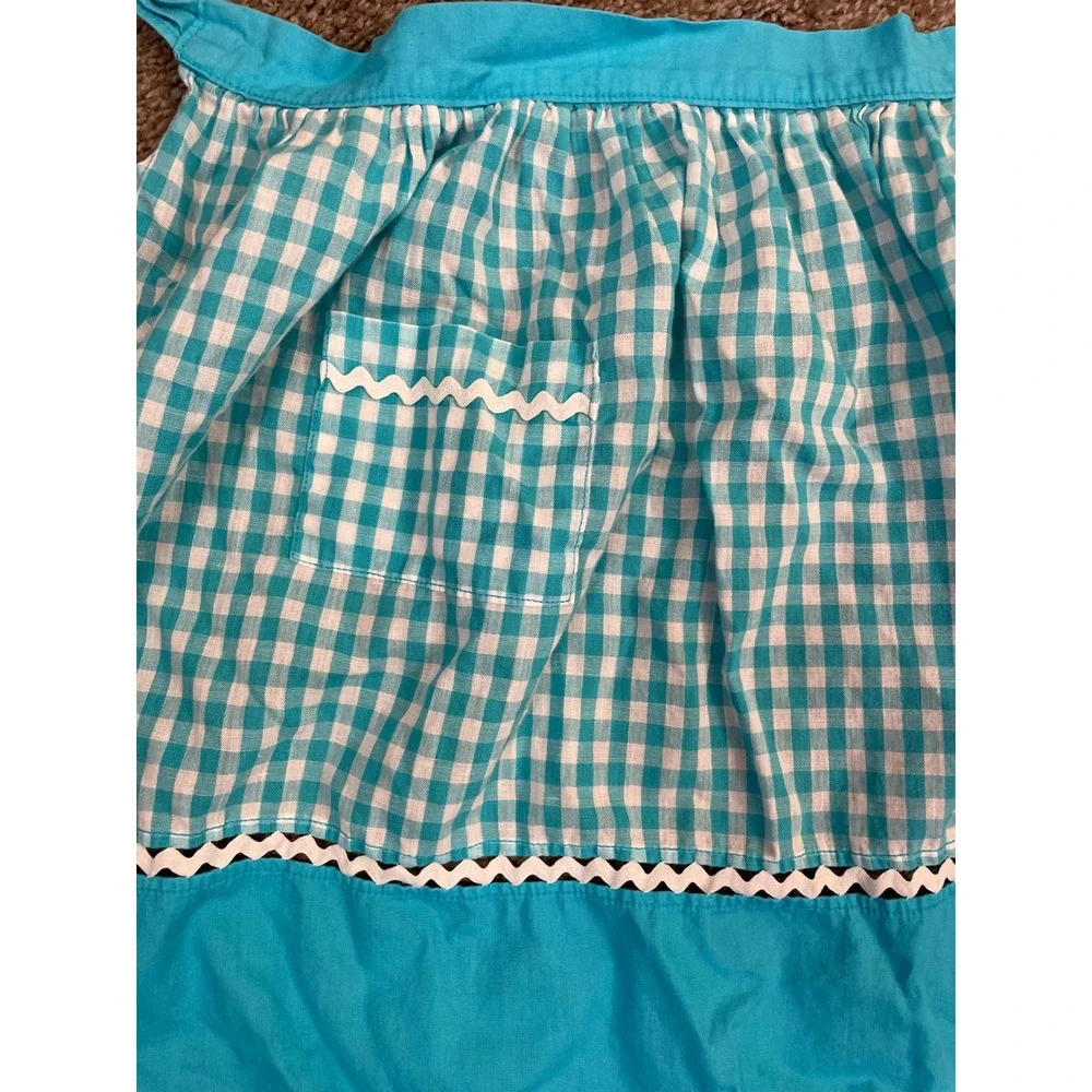 Vintage Blue Gingham Half Apron Rickrack Trim Front Pocket Retro Cottagecore