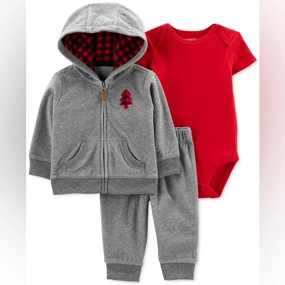 Carters 3 Piece Buffalo Plaid Christmas Bodysuit Fleece Zip Hoodie & Pants NEW