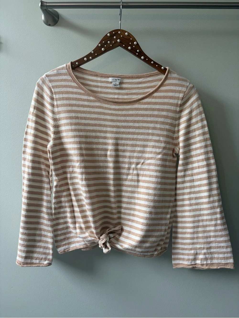 J. Crew Beige and White Striped Long-Sleeve Knot Front Tee