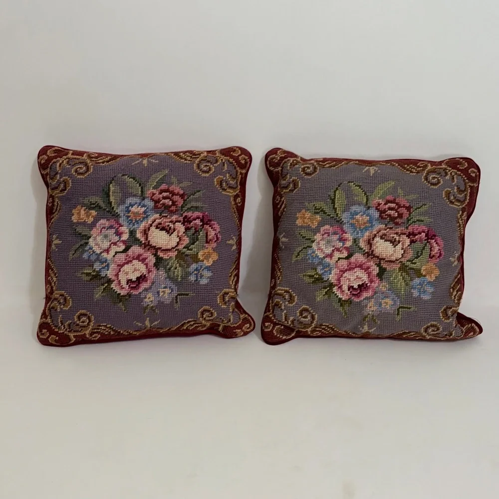 Vintage NEEDLEPOINT Wool Velvet Red Floral Accent Decorative Pillows Home Decor
