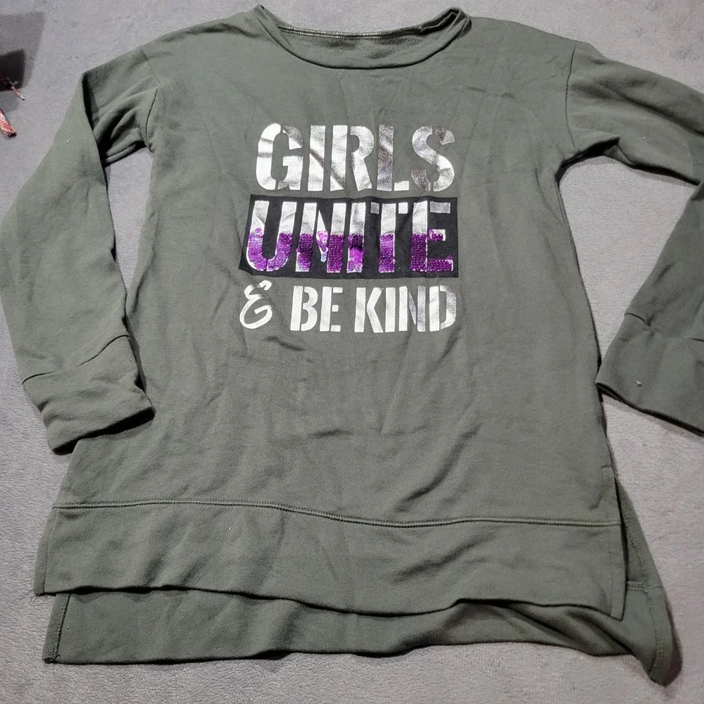 Justice Sweatshirt Girls 12 Green Girls Unite Be Kind Sequin High Low Graphic