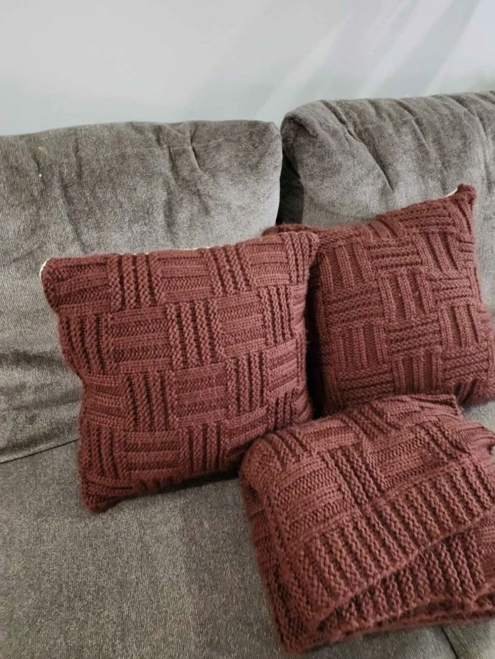 Threshold Matching Burguny Basket Weave Pillows & Throw Blanket