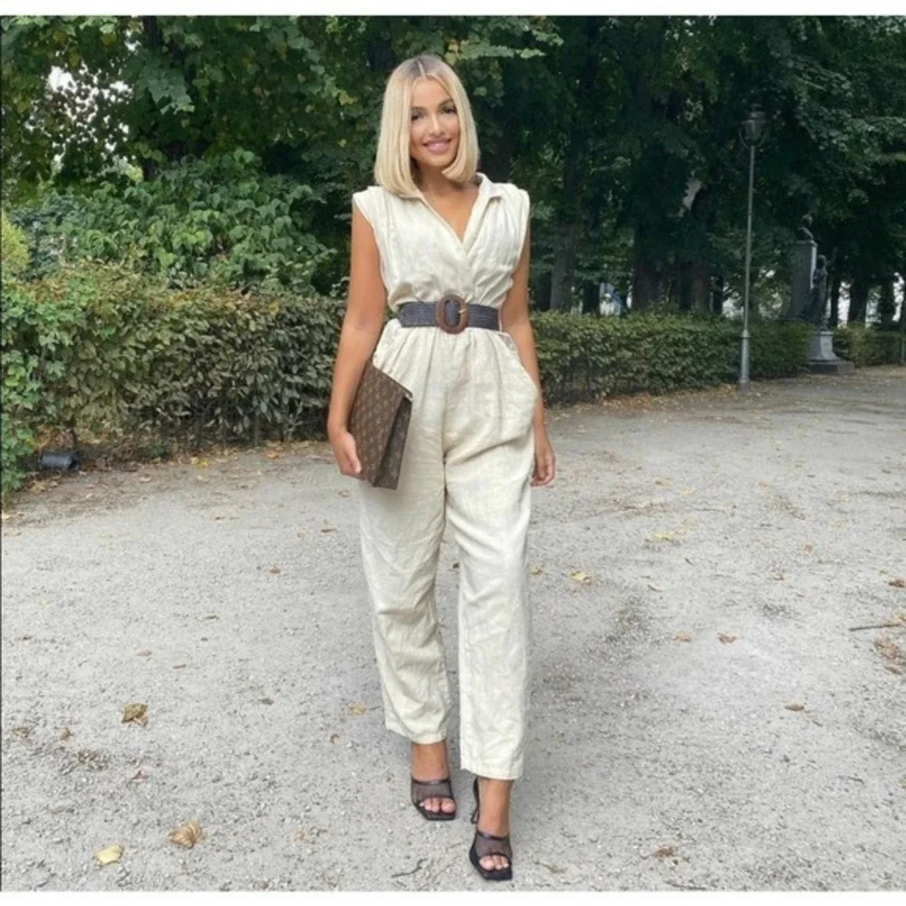 ZARA linen blend belted long sleeve jumpsuit 2157/057 A5