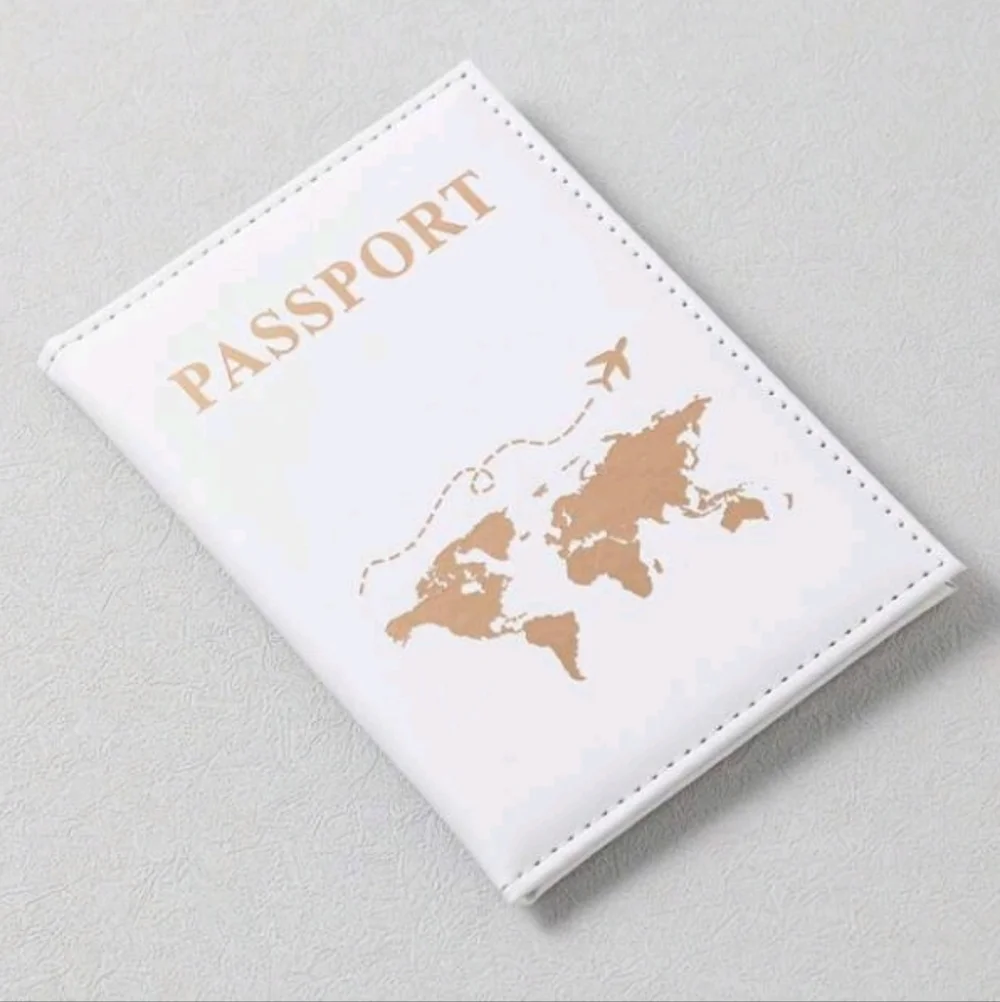 White and Gold Passport Holder Cover With World Map Airplane Design