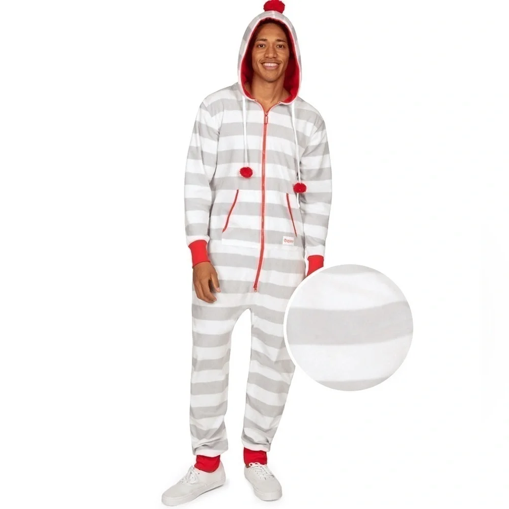 Tipsy Elves Men’s Stripes and Poms Fleece Onsie Jumpsuit Size M