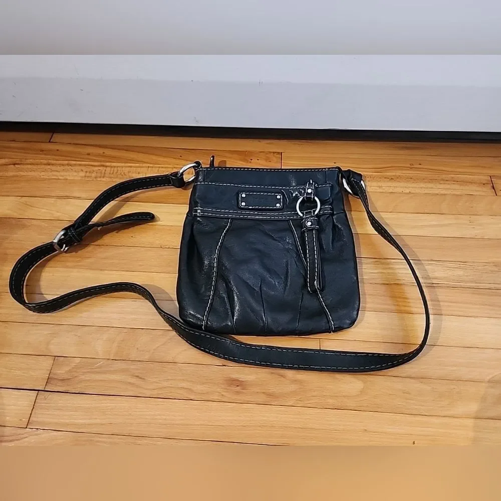 Tignanello black leather Crossbody purse W/accent stitching