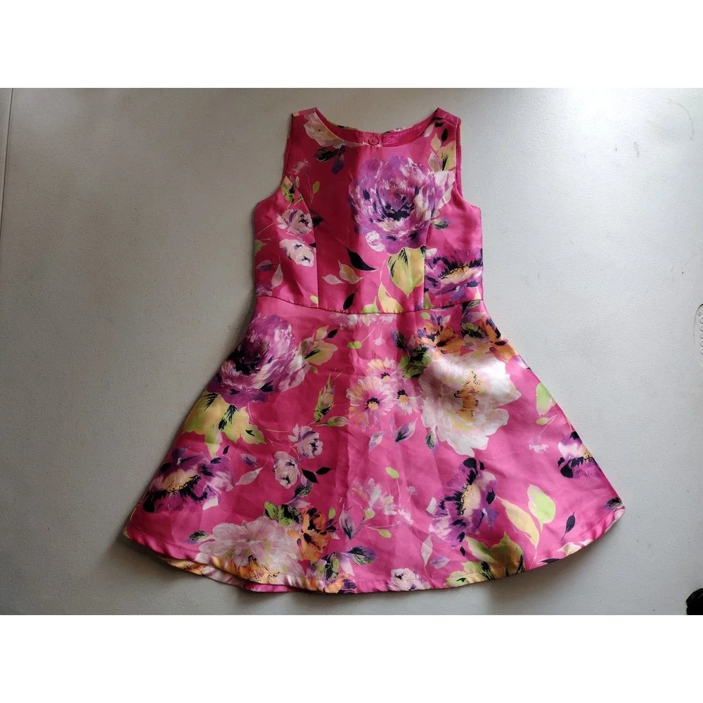 The Childrens Place Girls Pink Floral Satin‎ Fit and Flare Party Dress Size 4