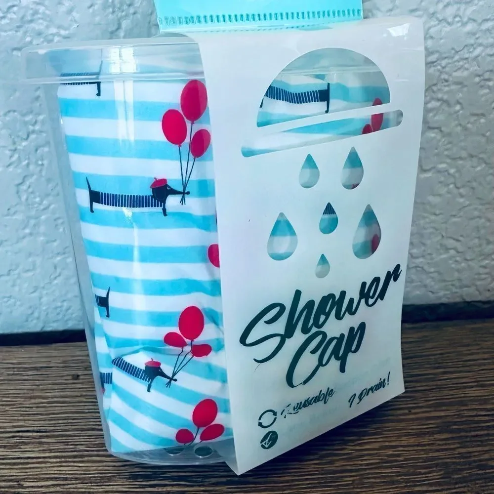 Dachshund Dog Balloons Striped Shower Cap & Storage Container