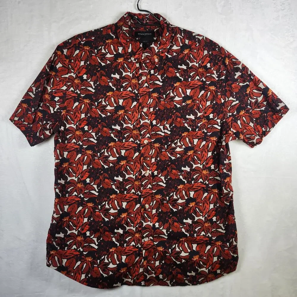 Banana Republic SS Button Up Hawaiian Tropical Shirt Red Slim‎ Fit Sz L
