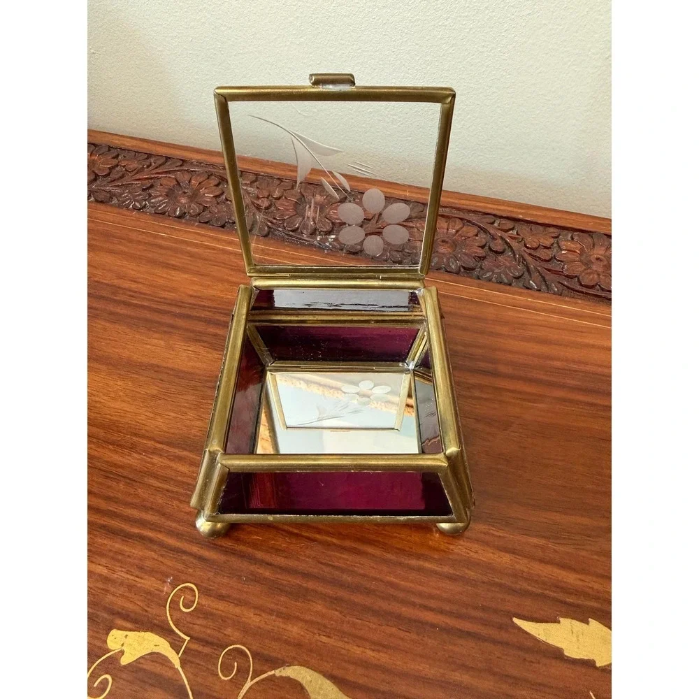 Vintage Brass &‎ Purple Glass Jewelry Box 3