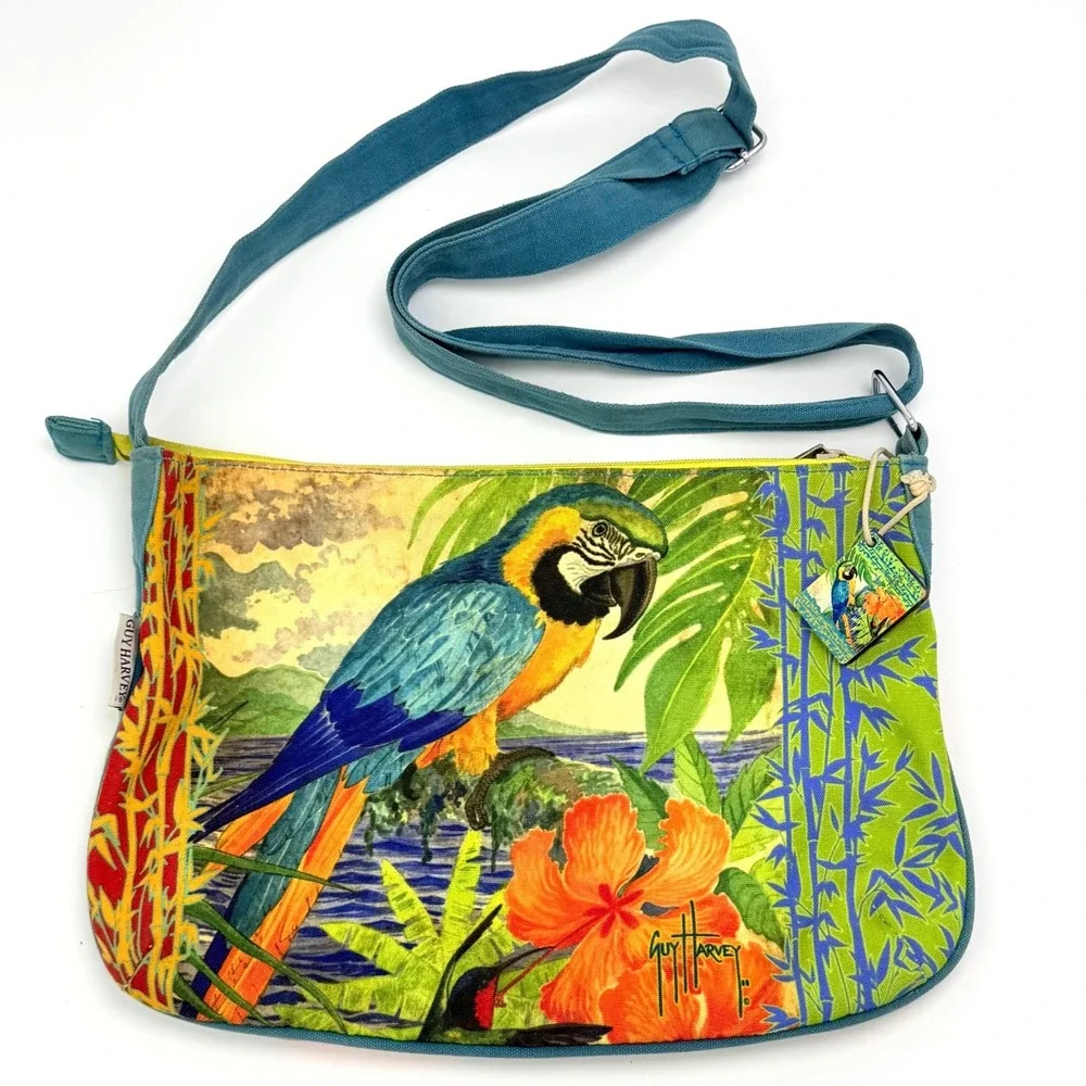 VTG Tropical Parrot Bag Guy Harvey‎ Canvas Crossbody Strap Retro Vacation