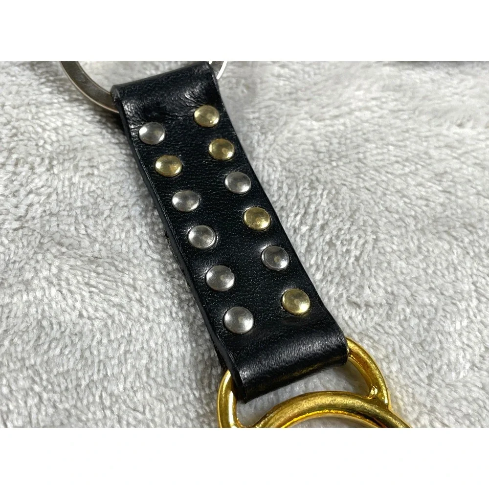 Vintage Gianni Versace Medusa Keychain Black Gold Leather Studded With Box Tag