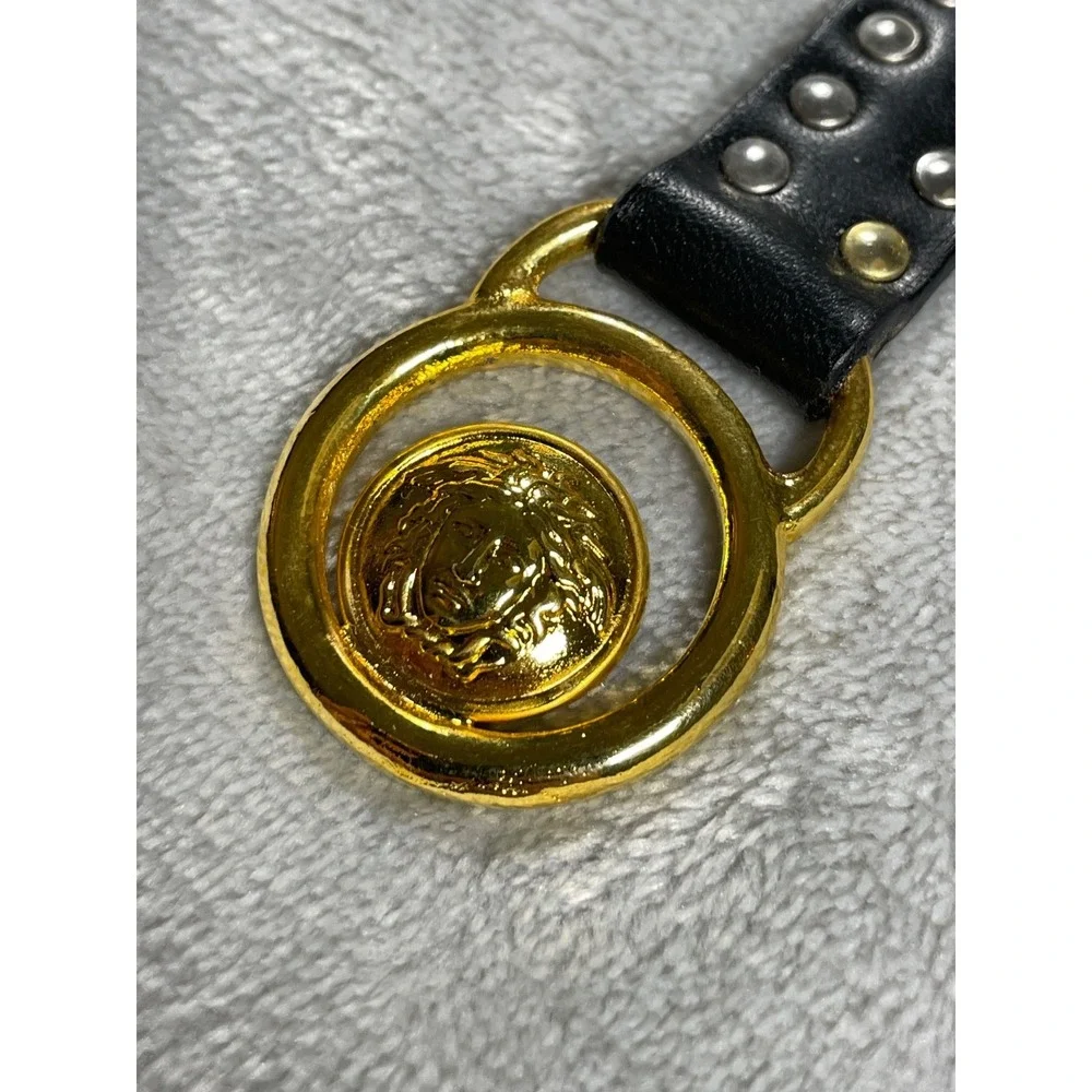 Vintage Gianni Versace Medusa Keychain Black Gold Leather Studded With Box Tag