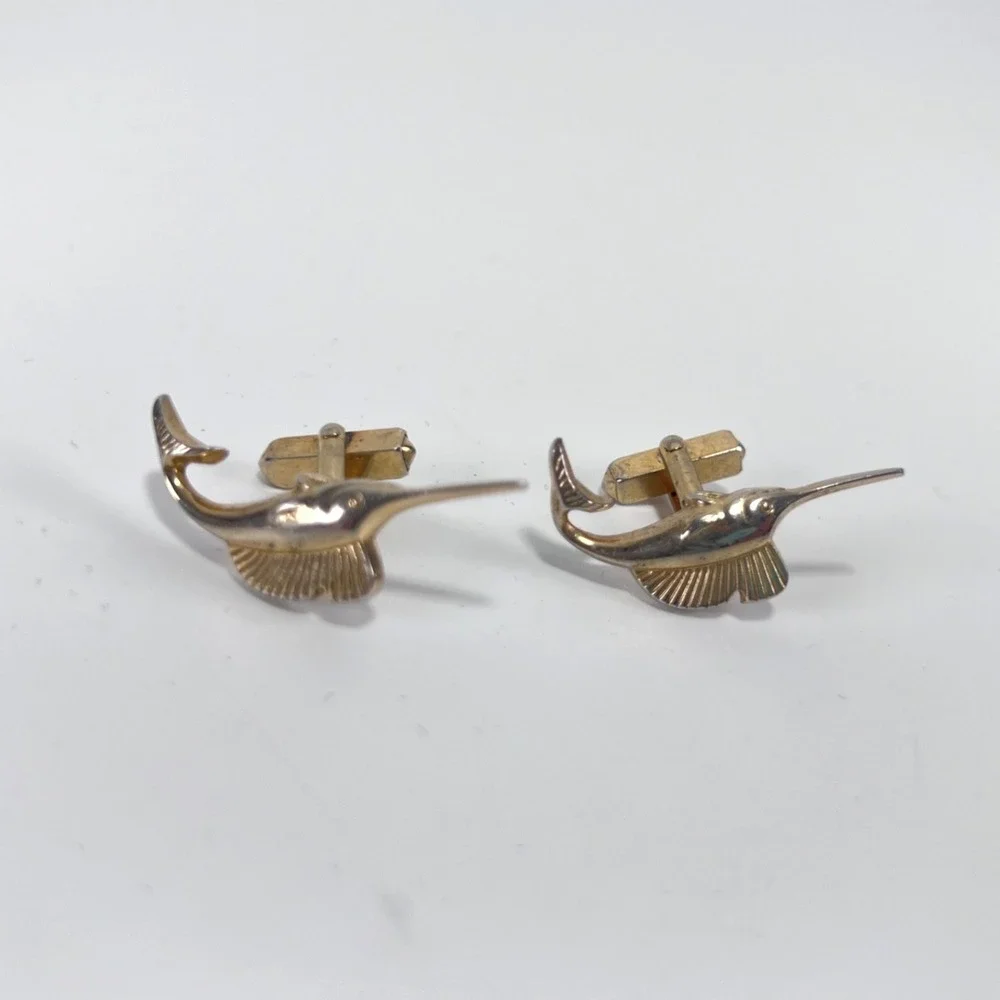 SWANK Cufflinks Gold Tone Metal‎ Marlin Fish Swordfish Sport Fishing Vintage
