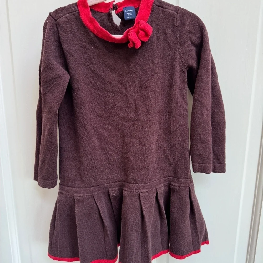 Baby Gap 3T Girls Brown and Red Long Sleeve Pleated Sweater Dress