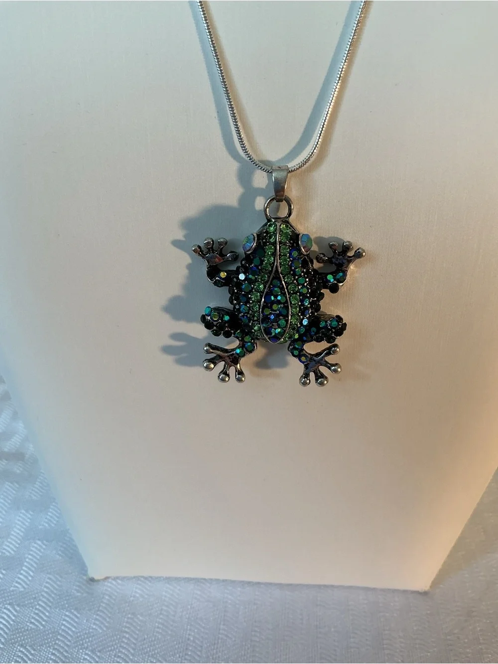 Peacock Color Pave’ Rhinestone Frog Antique Silver Tone Pendant Necklace