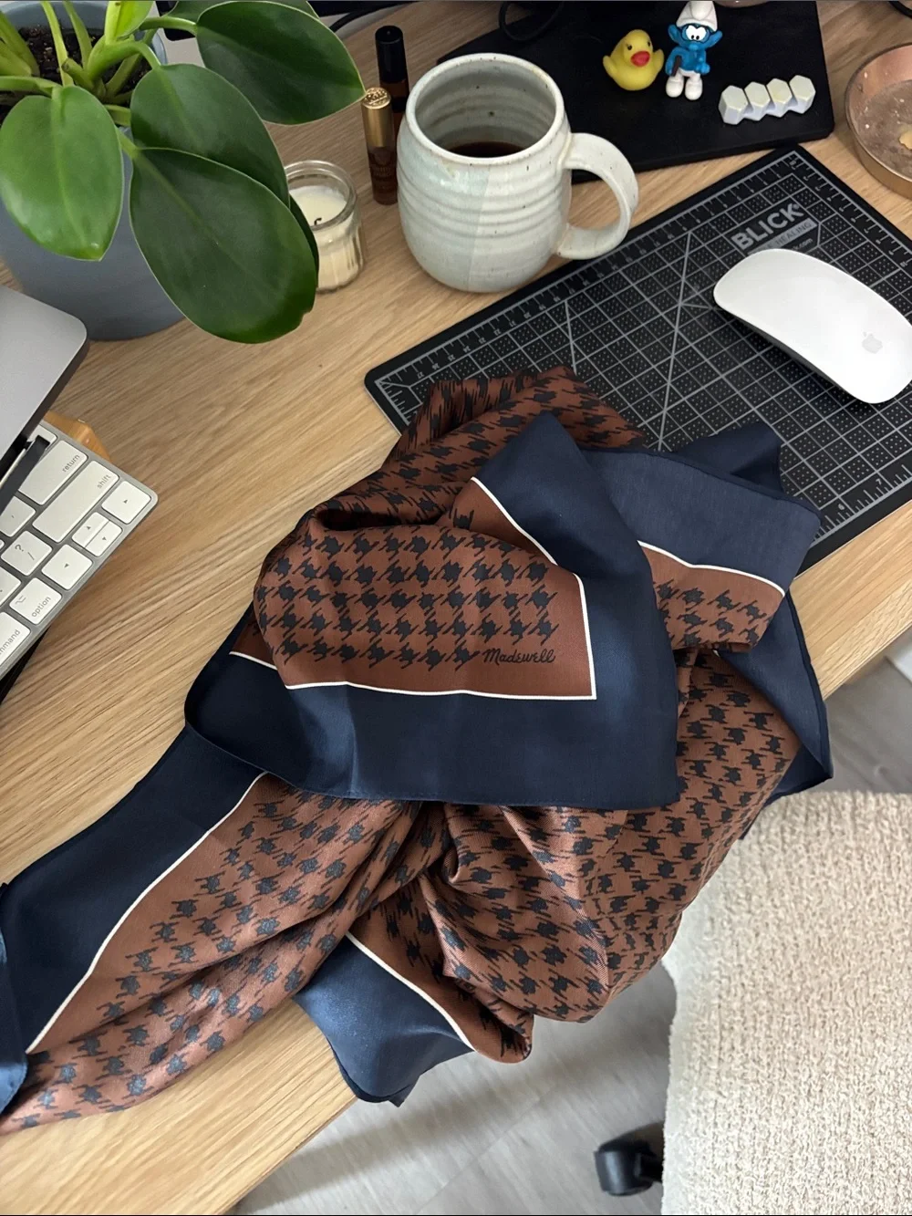 Madewell Brown and Navy Houndstooth Silk Scarf