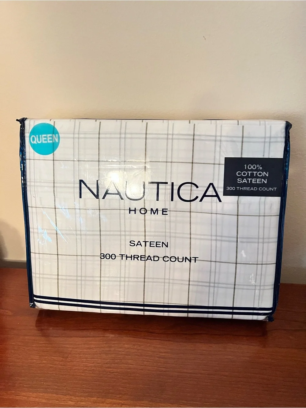 Nautica Brown & Grey Plaid 100% Cotton Sateen 300 Thread Count QUEEN Sheet Set