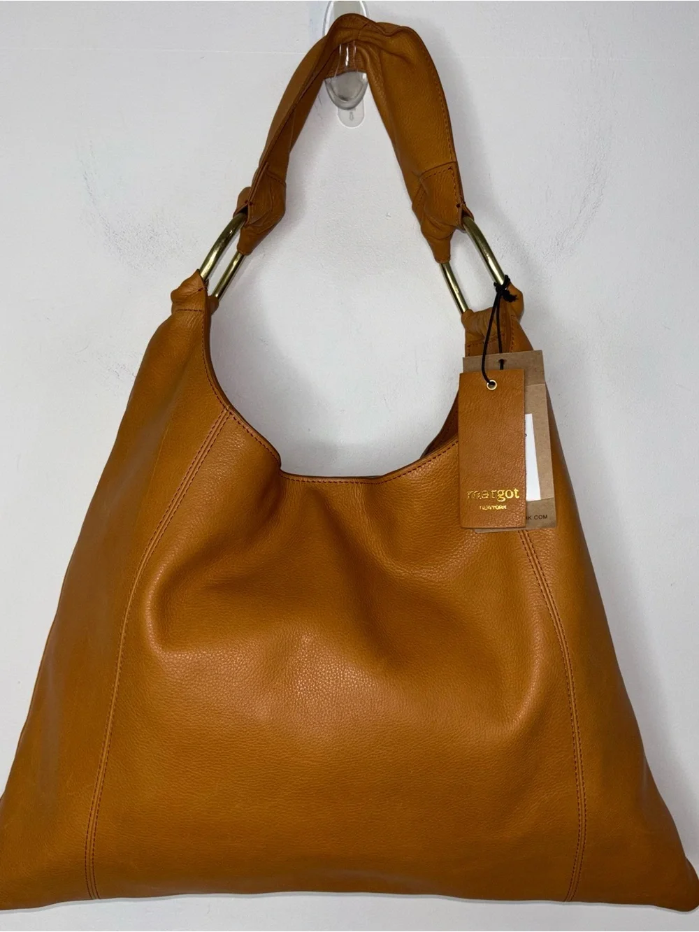 Margot New York Dakota Cognac Brown Leather Large Shoulder Hobo Bag Tote NWT