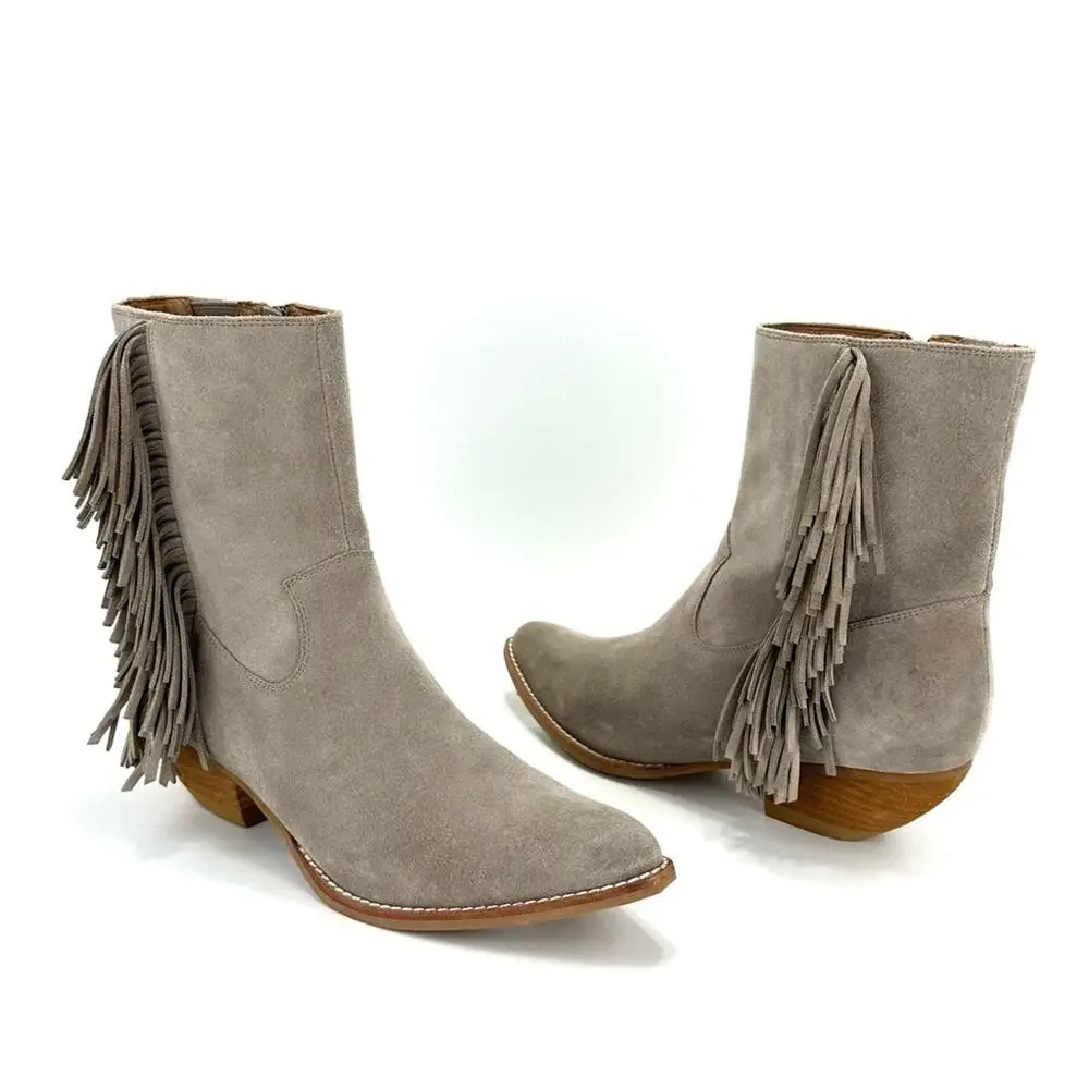 Jeffrey Campbell Hastings Gray Cowboy Ankle Boot Sz 9.5 Suede Fringes Rodeo New