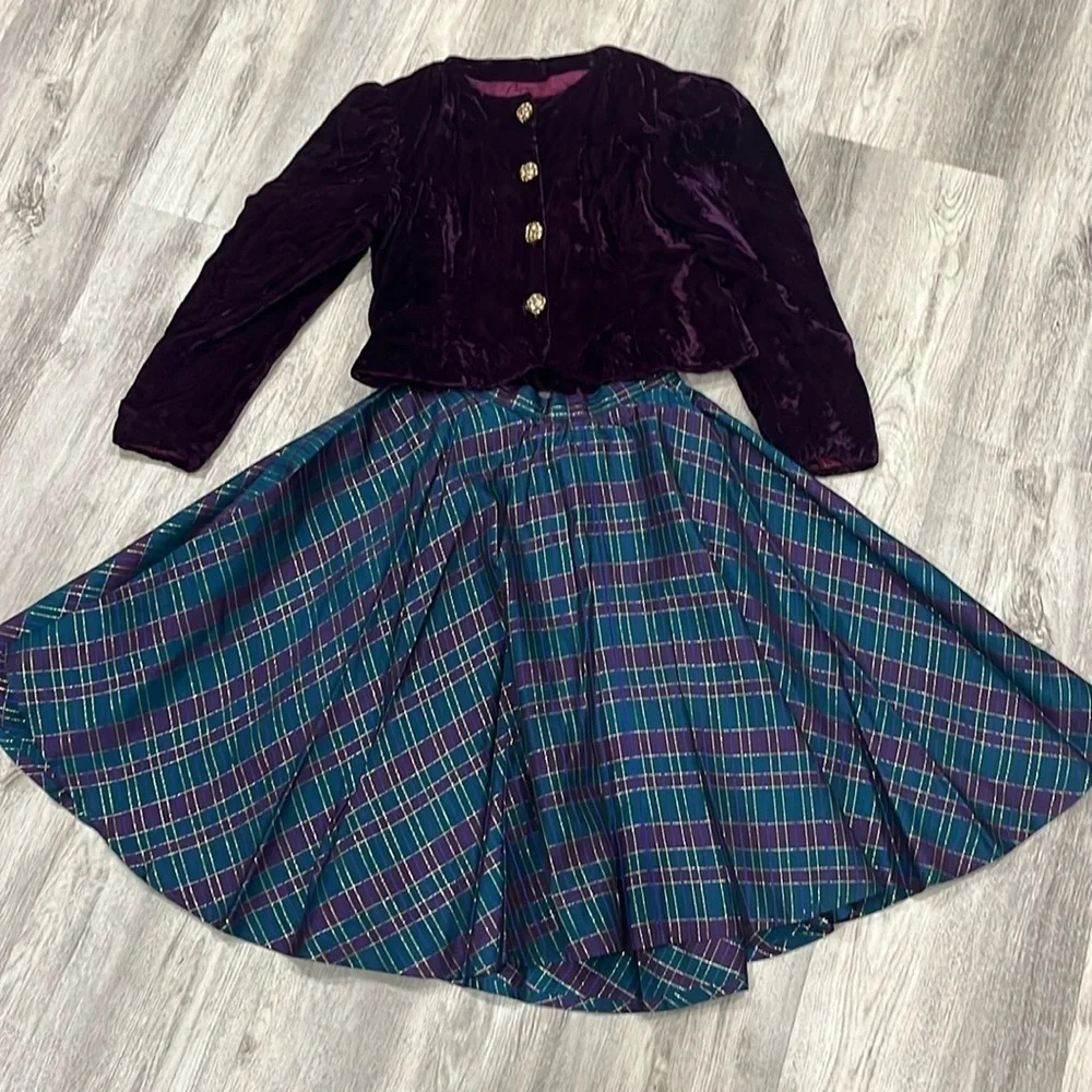 Handmade Vintage Holiday outfit 10/12 velvet cardigan and plaid skirt