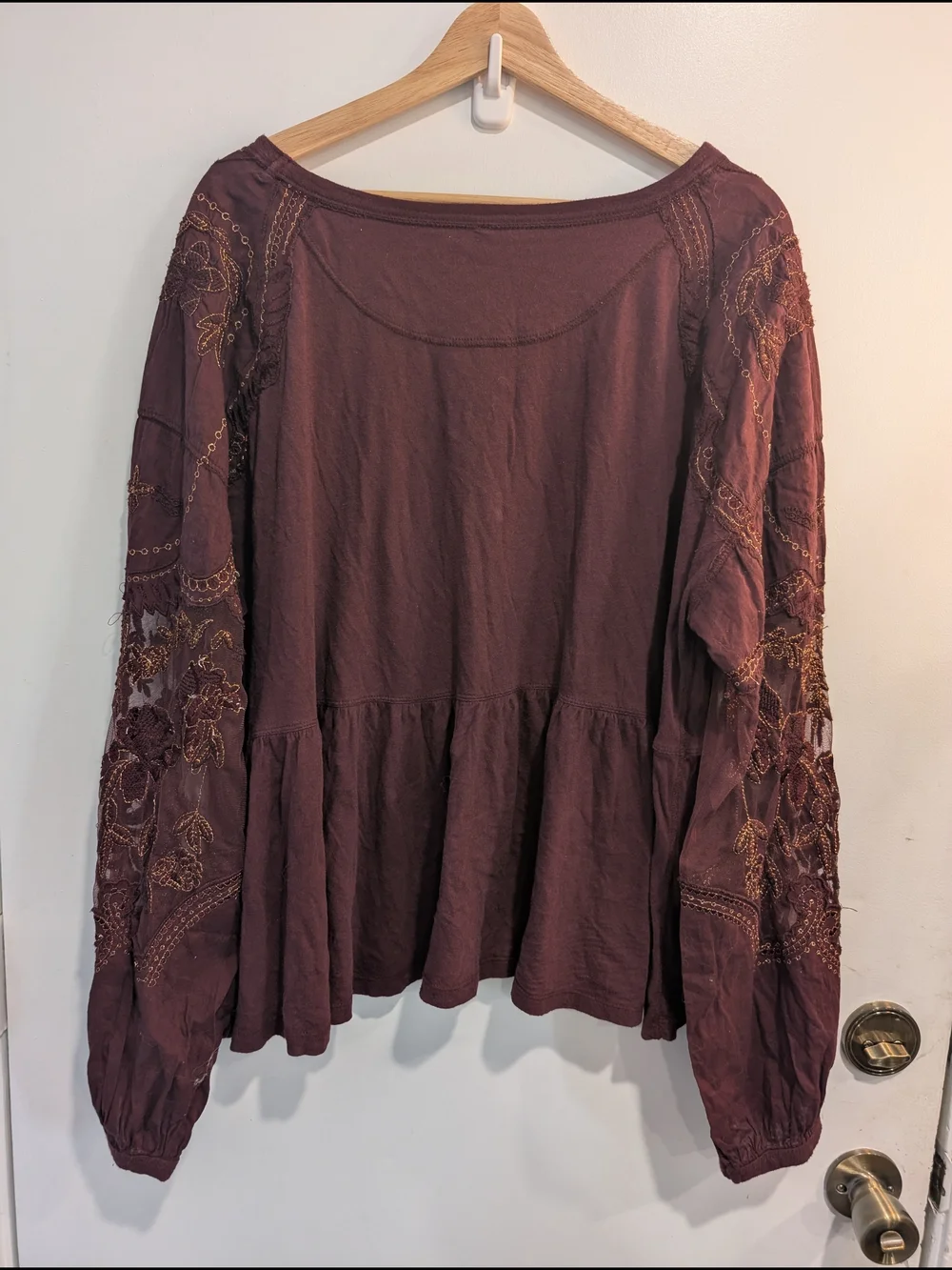 Free People Embellished Lace Detail Long Puff Sleeve Blouse Size Large