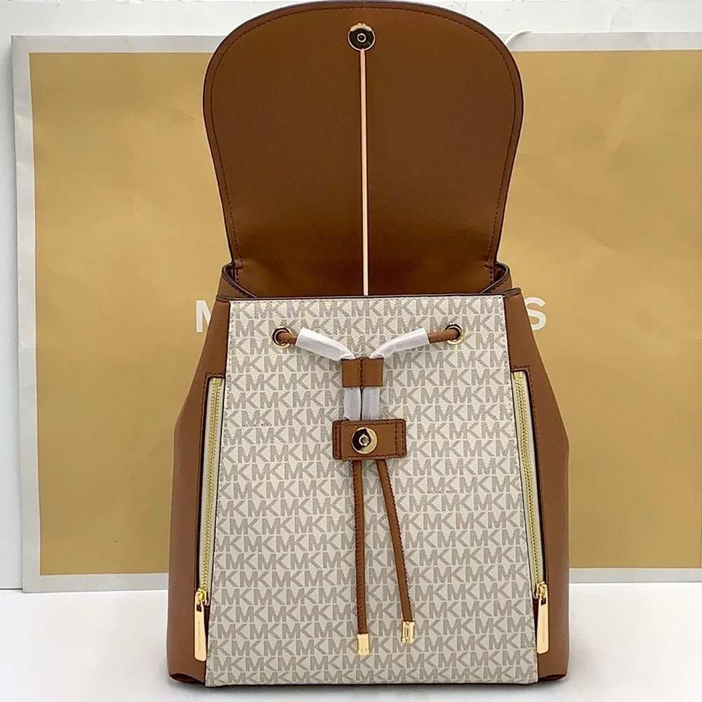 MICHAEL KORS PHOEBE MEDIUM DRAWSTRING BACKPACK VANILLA/ BROWN SIGNATURE COLOR