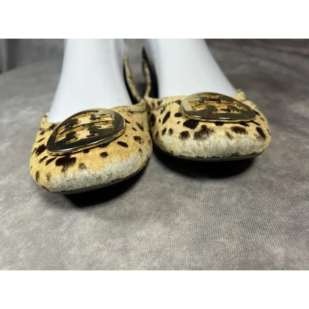 Tory Burch Reva Leopard Haircalf Ballet Flats Gold Logo Womens 6